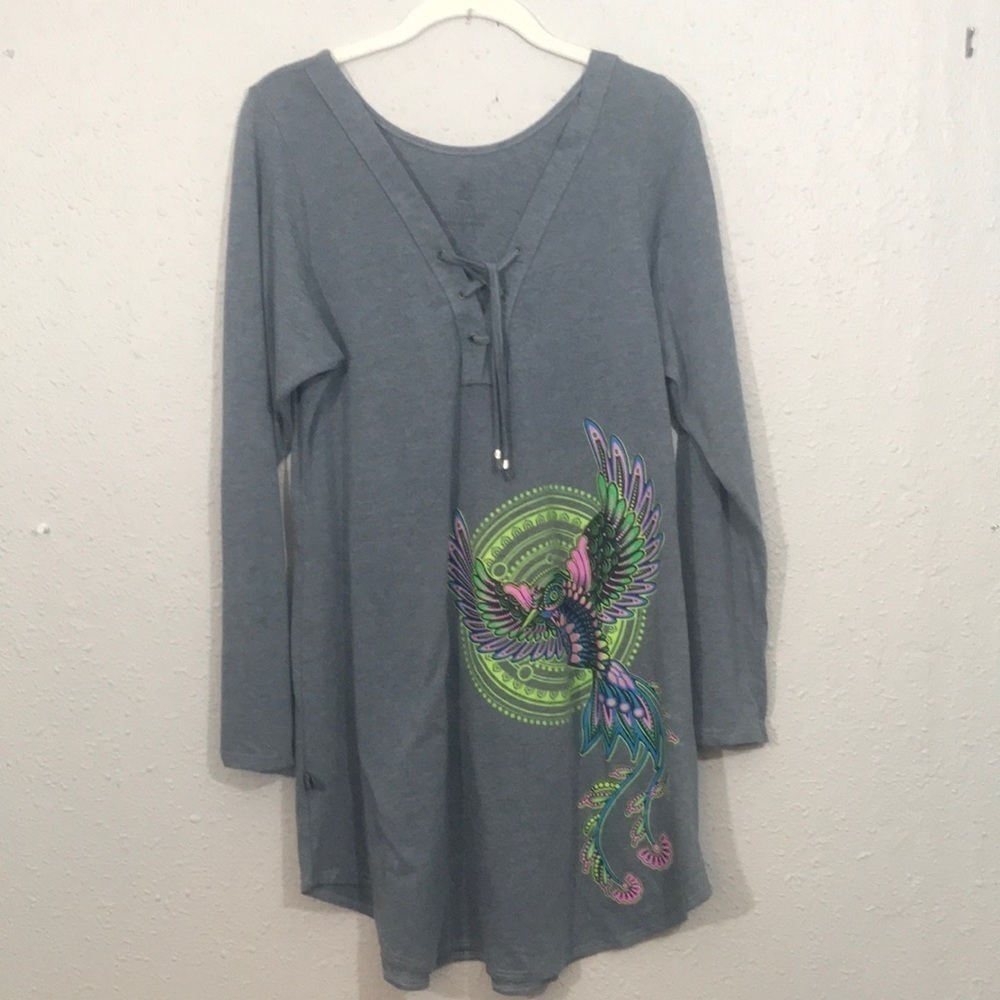 Larva Clothing Gray Long Sleeve Screen Print Flying Bird Tunic/Dress size XL‎